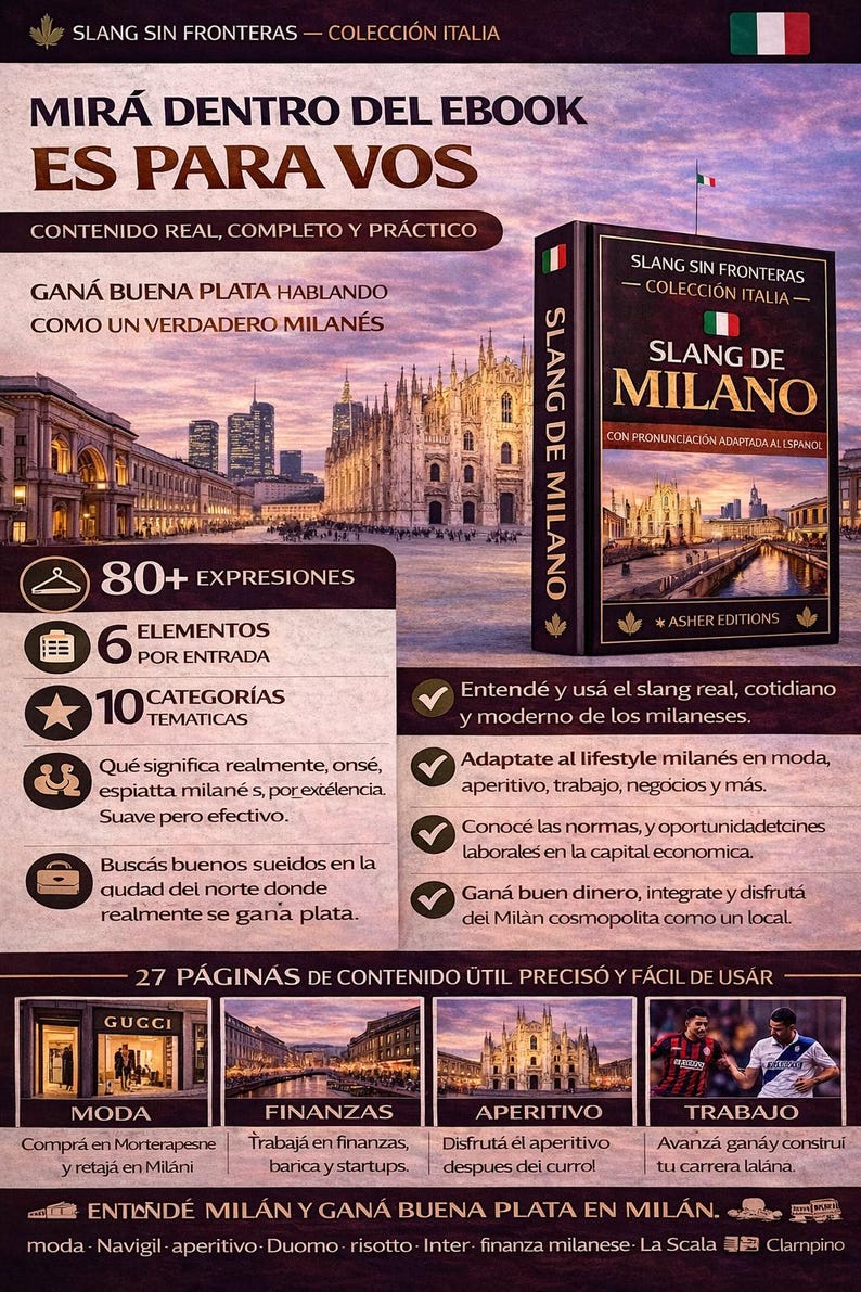 May include: An advertisement for an ebook titled "Slang de Milano" with the Italian flag. The cover features a Milan cityscape. The ad promises real, complete, and practical content, including 80+ expressions and 10 thematic categories.