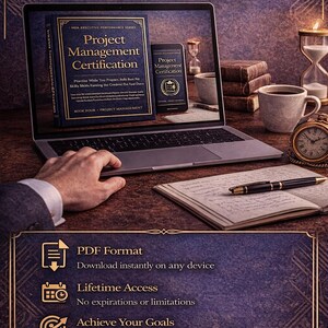 May include: An advertisement for a project management certification program. The image shows a laptop displaying a book and a phone with the text "Project Management Certification." Additional elements include a cup of coffee, a clock, and a pen on a notebook.