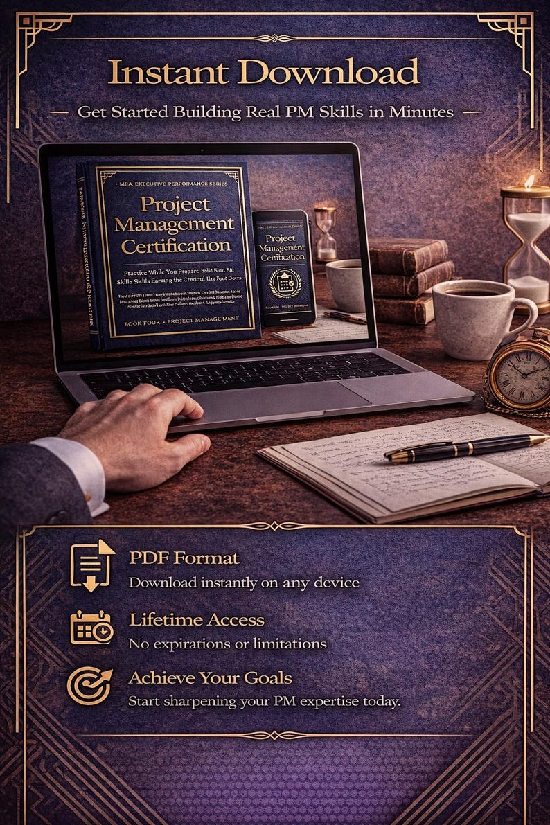 May include: An advertisement for a project management certification program. The image shows a laptop displaying a book and a phone with the text "Project Management Certification." Additional elements include a cup of coffee, a clock, and a pen on a notebook.