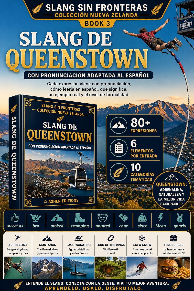 May include: A poster advertising "Slang de Queenstown", a book teaching Spanish speakers local slang. The design features a blue and gold colour scheme, images of Queenstown, and details like 80+ expressions and 10 thematic categories. The book is part of the "Slang Sin Fronteras" series.