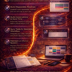 Pode incluir: Uma pr&eacute;-visualiza&ccedil;&atilde;o de conte&uacute;do digital com um esquema de cores escuro e quente. A imagem mostra um laptop, planilhas e uma x&iacute;cara de caf&eacute;, sugerindo um foco na produtividade e no fluxo de trabalho. O texto destaca os principais recursos.