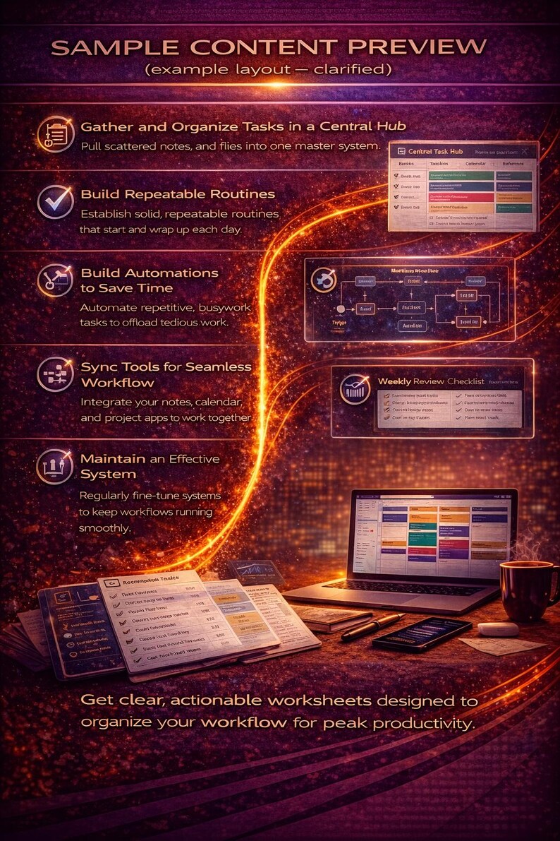 Pode incluir: Uma pr&eacute;-visualiza&ccedil;&atilde;o de conte&uacute;do digital com um esquema de cores escuro e quente. A imagem mostra um laptop, planilhas e uma x&iacute;cara de caf&eacute;, sugerindo um foco na produtividade e no fluxo de trabalho. O texto destaca os principais recursos.