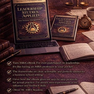 Puede incluir: Imagen de un port&aacute;til y dos libros titulados "Leadership Studies Applied". El port&aacute;til muestra la portada del libro. Tambi&eacute;n se ven un bol&iacute;grafo, un reloj de bolsillo y una taza de caf&eacute;, lo que sugiere un entorno de estudio o trabajo.