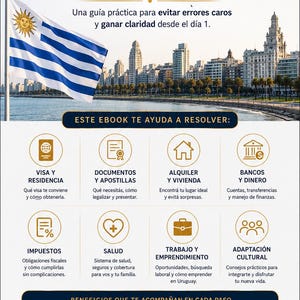 Peut inclure: Couverture d'un ebook intitul&eacute; "Mudarte Sin Improvisar" en bleu marine, offrant des conseils pour &eacute;viter les erreurs co&ucirc;teuses. L'image comprend le drapeau uruguayen, une ligne d'horizon urbaine et des ic&ocirc;nes repr&eacute;sentant divers sujets.