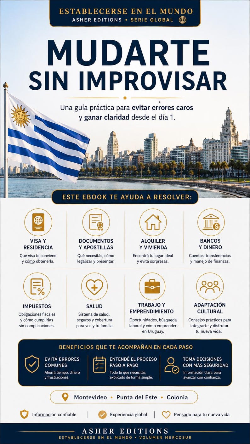 Peut inclure: Couverture d'un ebook intitul&eacute; "Mudarte Sin Improvisar" en bleu marine, offrant des conseils pour &eacute;viter les erreurs co&ucirc;teuses. L'image comprend le drapeau uruguayen, une ligne d'horizon urbaine et des ic&ocirc;nes repr&eacute;sentant divers sujets.