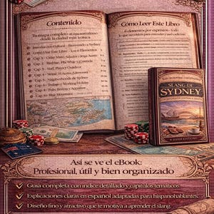 Puede incluir: Anuncio de un eBook titulado "Slang de Sydney" en espa&ntilde;ol. La imagen presenta un libro abierto con contenido, un libro cerrado, fichas de juego y texto que dice "Descarga y aprende sin vueltas."