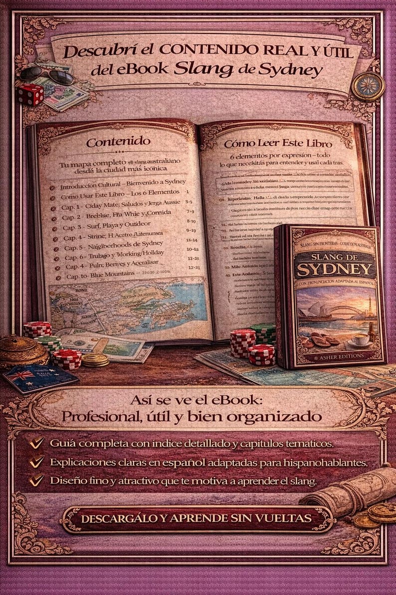 Puede incluir: Anuncio de un eBook titulado "Slang de Sydney" en espa&ntilde;ol. La imagen presenta un libro abierto con contenido, un libro cerrado, fichas de juego y texto que dice "Descarga y aprende sin vueltas."