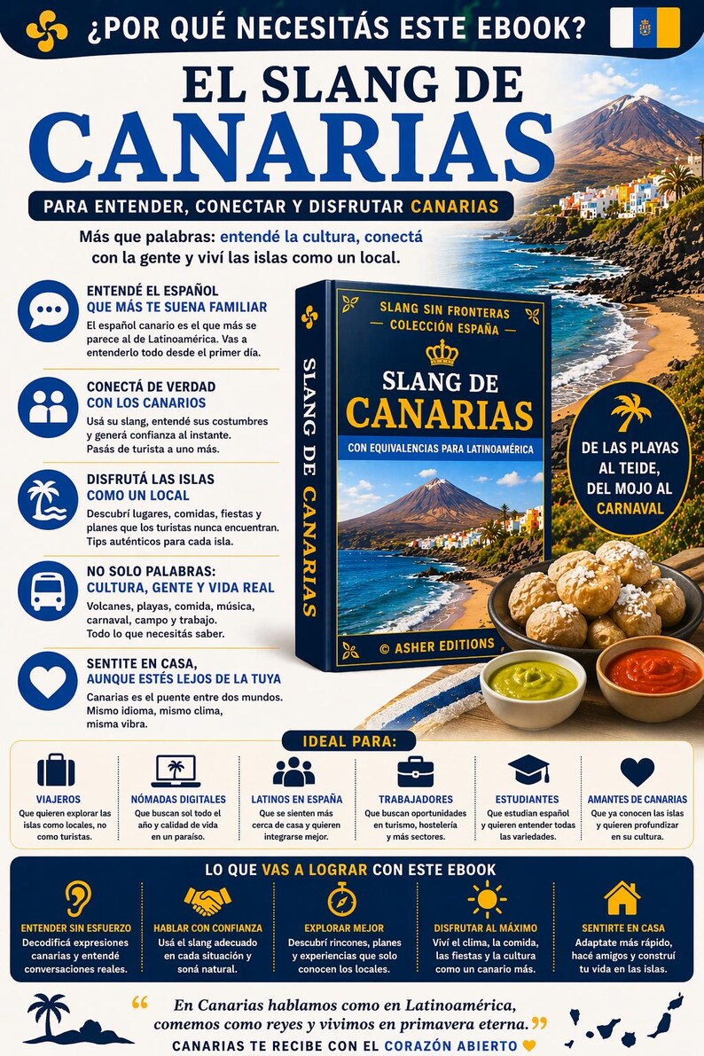May include: An ebook titled "El Slang de Canarias" with a blue cover, featuring a landscape of the Canary Islands. The book promises to help readers understand, connect with, and enjoy the islands like a local.