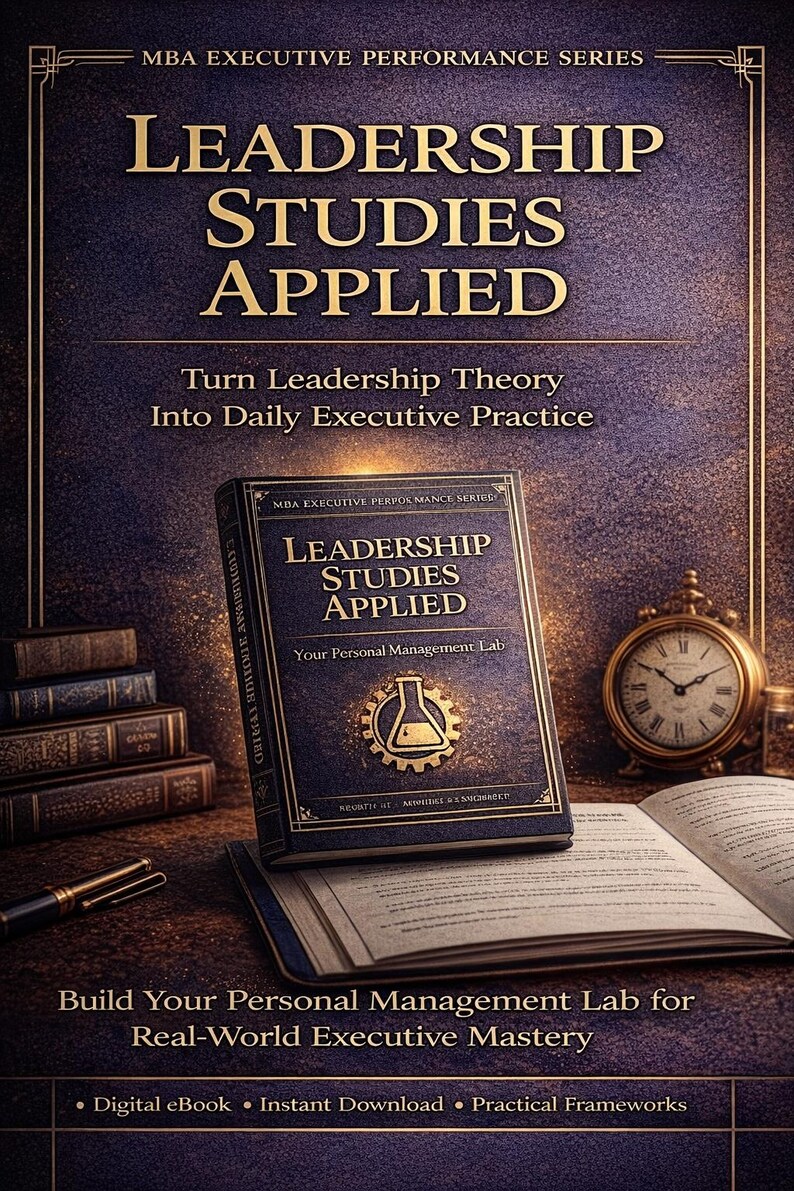 Puede incluir: Un libro titulado "Leadership Studies Applied" con letras doradas y una cubierta azul oscuro. El libro forma parte de la serie MBA Executive Performance. Tambi&eacute;n se ven un reloj antiguo y otros libros.