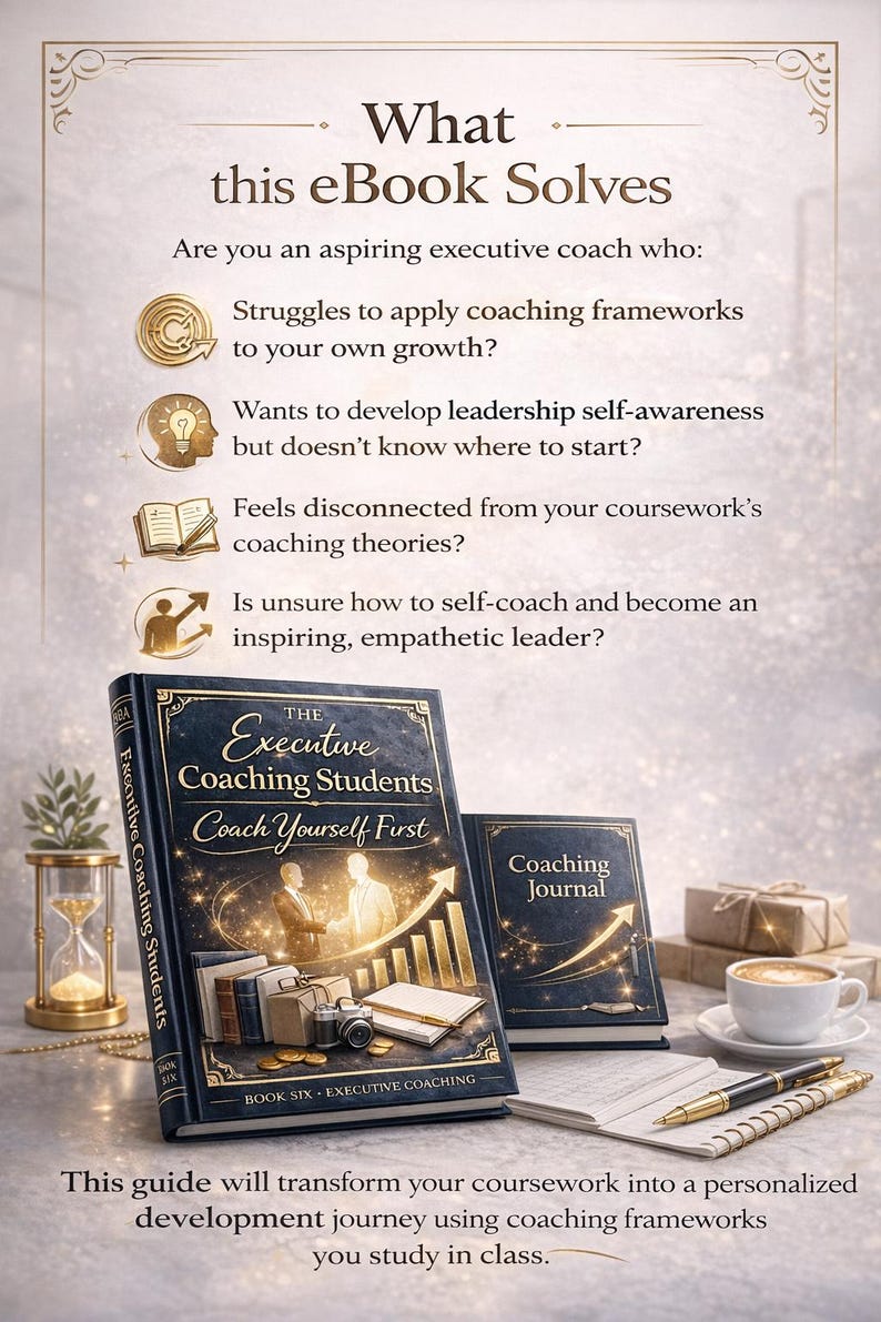May include: Image of a book titled "The Executive Coaching Students Coach Yourself First" and a "Coaching Journal" on a table. The image also includes a cup of coffee, a pen, and an hourglass. The text on the image says "What this eBook Solves".