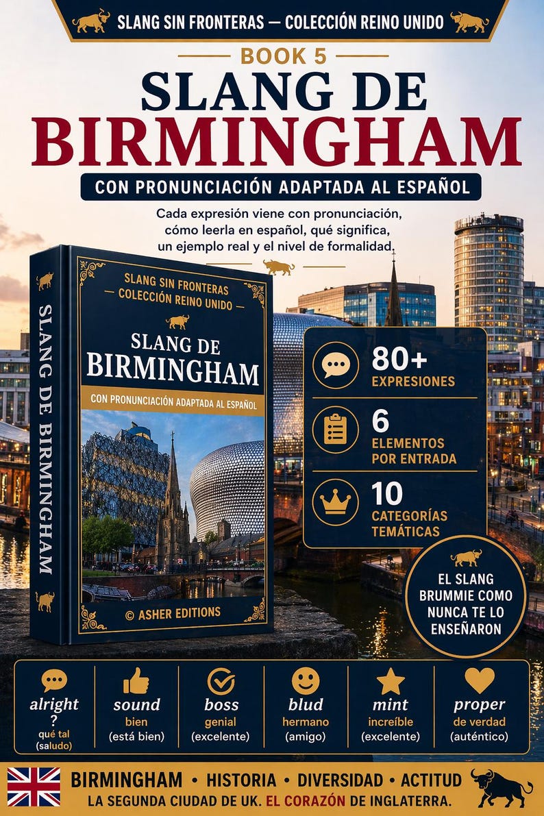 Pu&ograve; includere: Immagine di un libro intitolato "Slang de Birmingham" con pronuncia spagnola. La copertina presenta un paesaggio urbano di Birmingham. Il libro promette oltre 80 espressioni, 6 elementi per voce e 10 categorie tematiche.