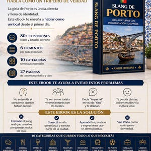 May include: An advertisement for a book titled "Slang de Porto" in Portuguese, with the subtitle "G&iacute;ria Portuense con Pronunciaci&oacute;n al Espa&ntilde;ol." The cover features a cityscape and a bridge. The ad highlights key features and categories.