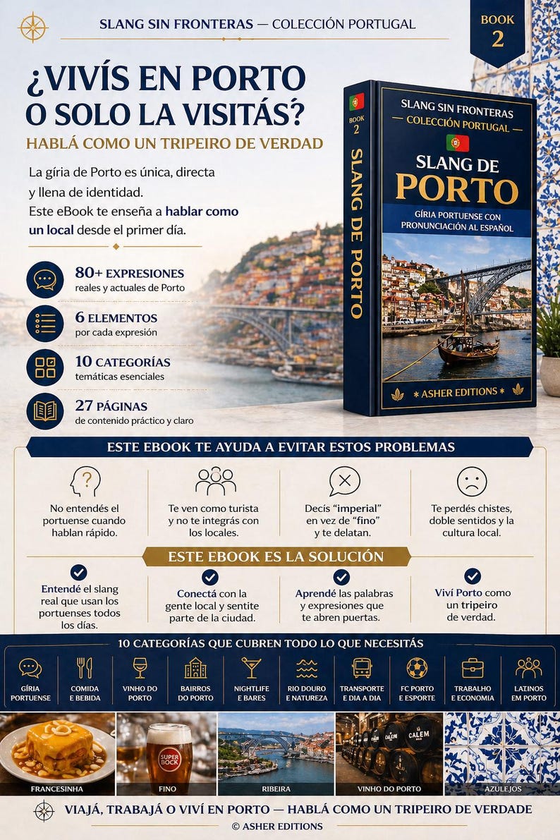 May include: An advertisement for a book titled "Slang de Porto" in Portuguese, with the subtitle "G&iacute;ria Portuense con Pronunciaci&oacute;n al Espa&ntilde;ol." The cover features a cityscape and a bridge. The ad highlights key features and categories.