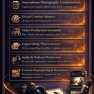 May include: A digital marketing educational graphic with the text "WHAT YOU WILL LEARN". The image features a camera, smartphone, microphone, headphones, and a notepad. Topics include photography, video, audio, and copywriting.