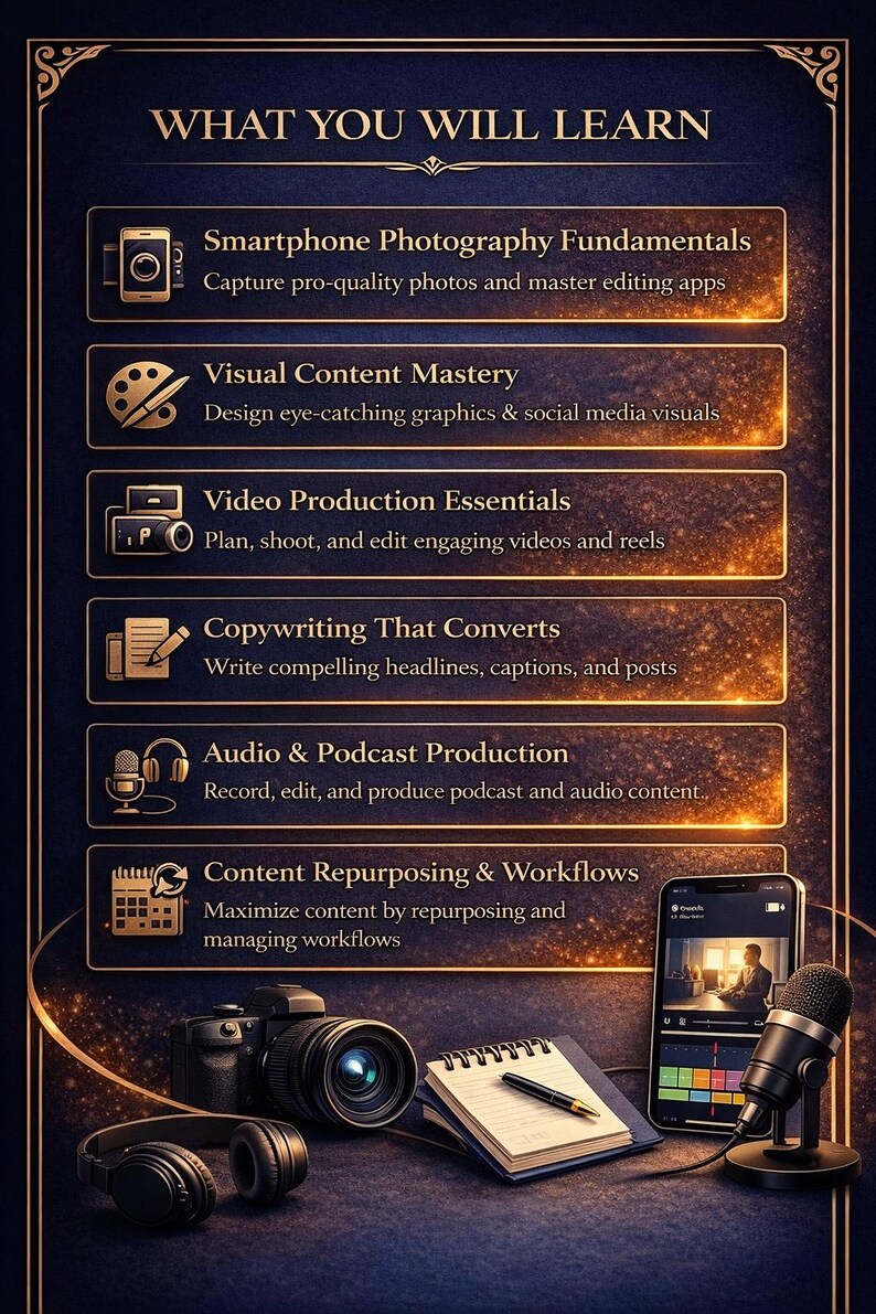 May include: A digital marketing educational graphic with the text "WHAT YOU WILL LEARN". The image features a camera, smartphone, microphone, headphones, and a notepad. Topics include photography, video, audio, and copywriting.