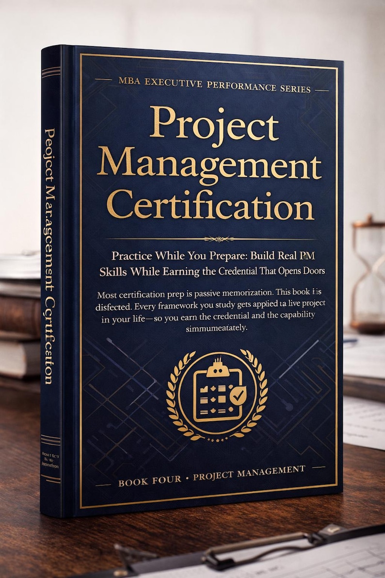 May include: A hardcover book titled "Project Management Certification" from the MBA Executive Performance Series. The cover is navy blue with gold lettering and a gold graphic. The book's spine reads "Project Management Certification."