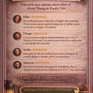 May include: A promotional graphic with the title "Rese&ntilde;as Destacadas" and customer reviews for an eBook titled "Slang de Pacific NW." The design features a vintage aesthetic with a lantern illustration and text in Spanish. The reviews are from Julia, Diego, Sof&iacute;a, and Marcos.