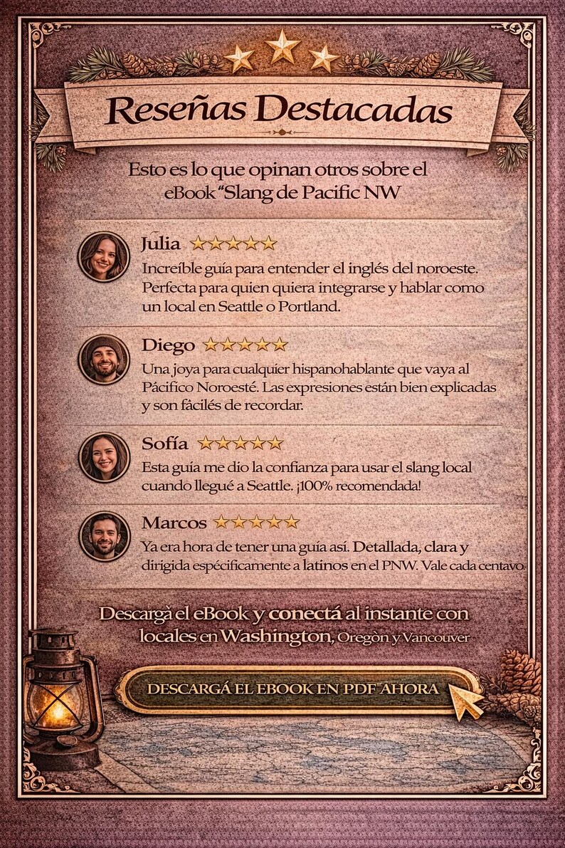 May include: A promotional graphic with the title "Rese&ntilde;as Destacadas" and customer reviews for an eBook titled "Slang de Pacific NW." The design features a vintage aesthetic with a lantern illustration and text in Spanish. The reviews are from Julia, Diego, Sof&iacute;a, and Marcos.