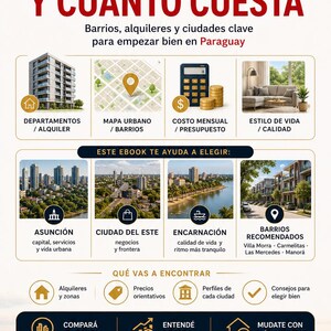 May include: An advertisement for a guide to living in Paraguay, featuring text in Spanish. The design includes images of buildings, maps, and financial icons. The guide covers topics like neighborhoods, rentals, and city costs.