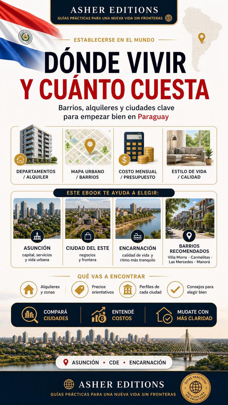 May include: An advertisement for a guide to living in Paraguay, featuring text in Spanish. The design includes images of buildings, maps, and financial icons. The guide covers topics like neighborhoods, rentals, and city costs.