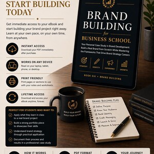 May include: Digital marketing ebook titled "Brand Building for Business School" on a tablet. Includes a black mug with a logo, a notebook with a brand building plan, and other books. The text says "Instant Download Start Building Today".