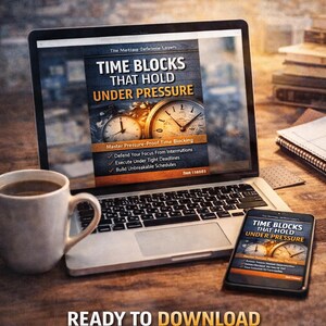 May include: A laptop and smartphone display the cover of a book titled "TIME BLOCKS THAT HOLD UNDER PRESSURE." The image includes a coffee mug, and the text "INSTANT DOWNLOAD," "READY TO DOWNLOAD," and "USE TODAY!" are also visible.