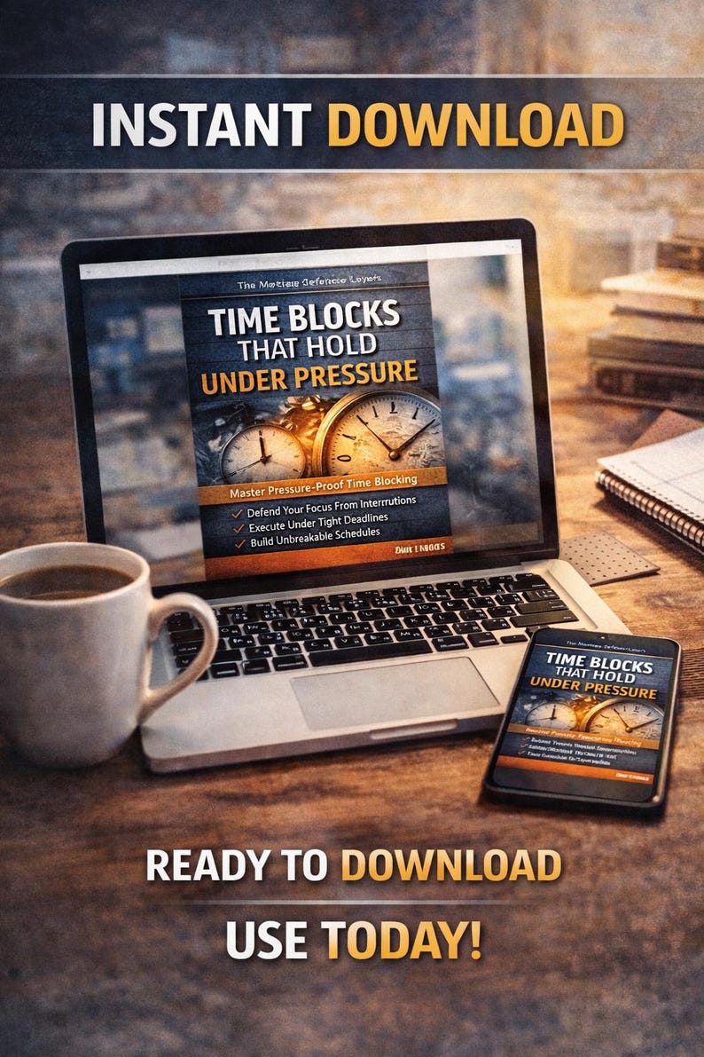 May include: A laptop and smartphone display the cover of a book titled "TIME BLOCKS THAT HOLD UNDER PRESSURE." The image includes a coffee mug, and the text "INSTANT DOWNLOAD," "READY TO DOWNLOAD," and "USE TODAY!" are also visible.