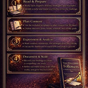 May include: An ebook titled "How to Use This eBook" with a dark purple background. The image is divided into four sections with text and illustrations. A book titled "Your First 1000 Followers" is also visible.