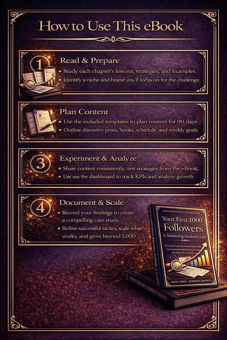 May include: An ebook titled "How to Use This eBook" with a dark purple background. The image is divided into four sections with text and illustrations. A book titled "Your First 1000 Followers" is also visible.