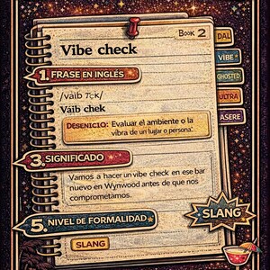 May include: A notebook page with the words "Vibe check" and a definition in Spanish. The image has a vintage aesthetic with a red pushpin, a cocktail, and a classic car.