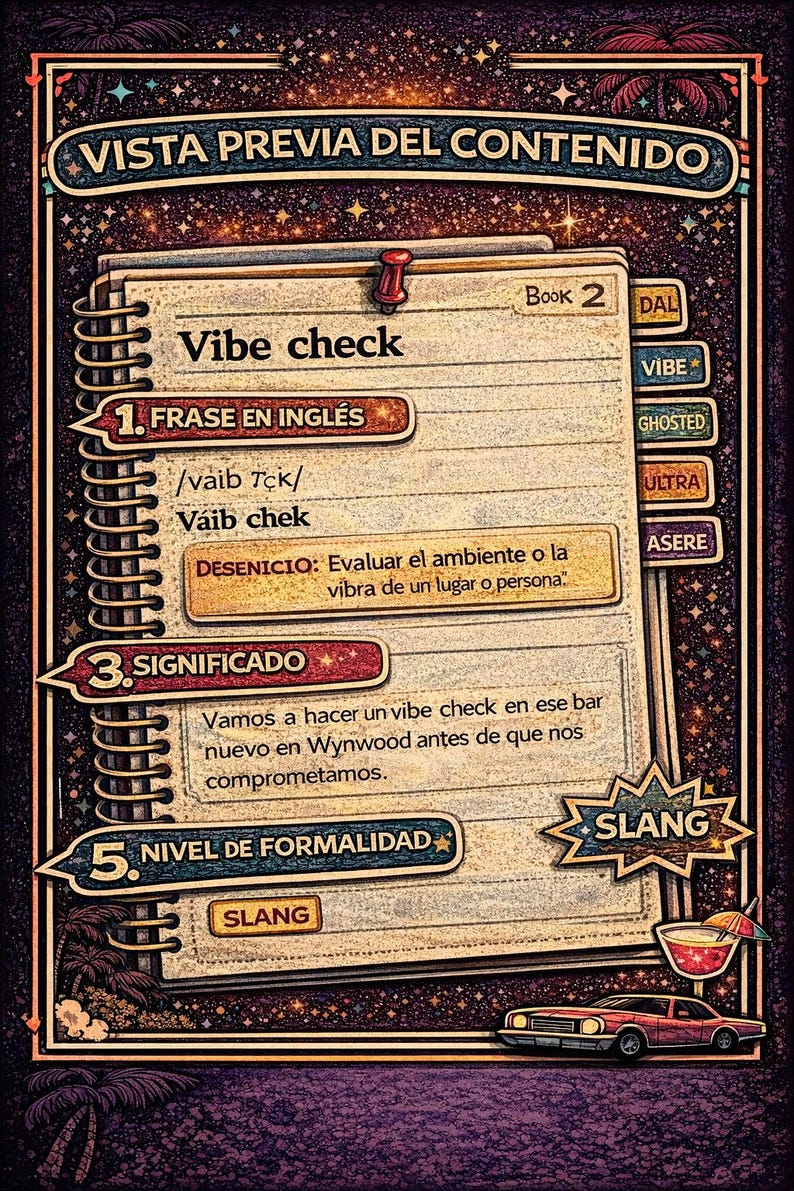 May include: A notebook page with the words "Vibe check" and a definition in Spanish. The image has a vintage aesthetic with a red pushpin, a cocktail, and a classic car.