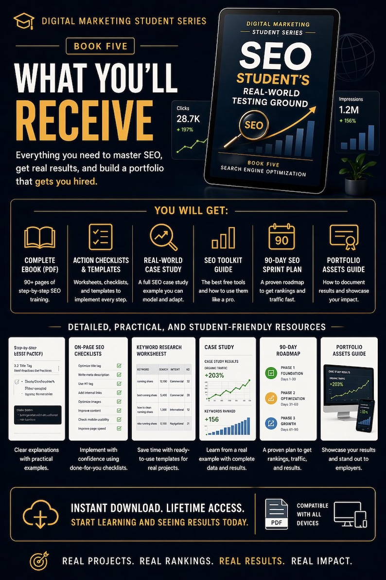 May include: A digital marketing student series graphic with the title "What You'll Receive." It includes a tablet with "SEO Student's Real-World Testing Ground" and icons for checklists, case studies, and a 90-day sprint plan.