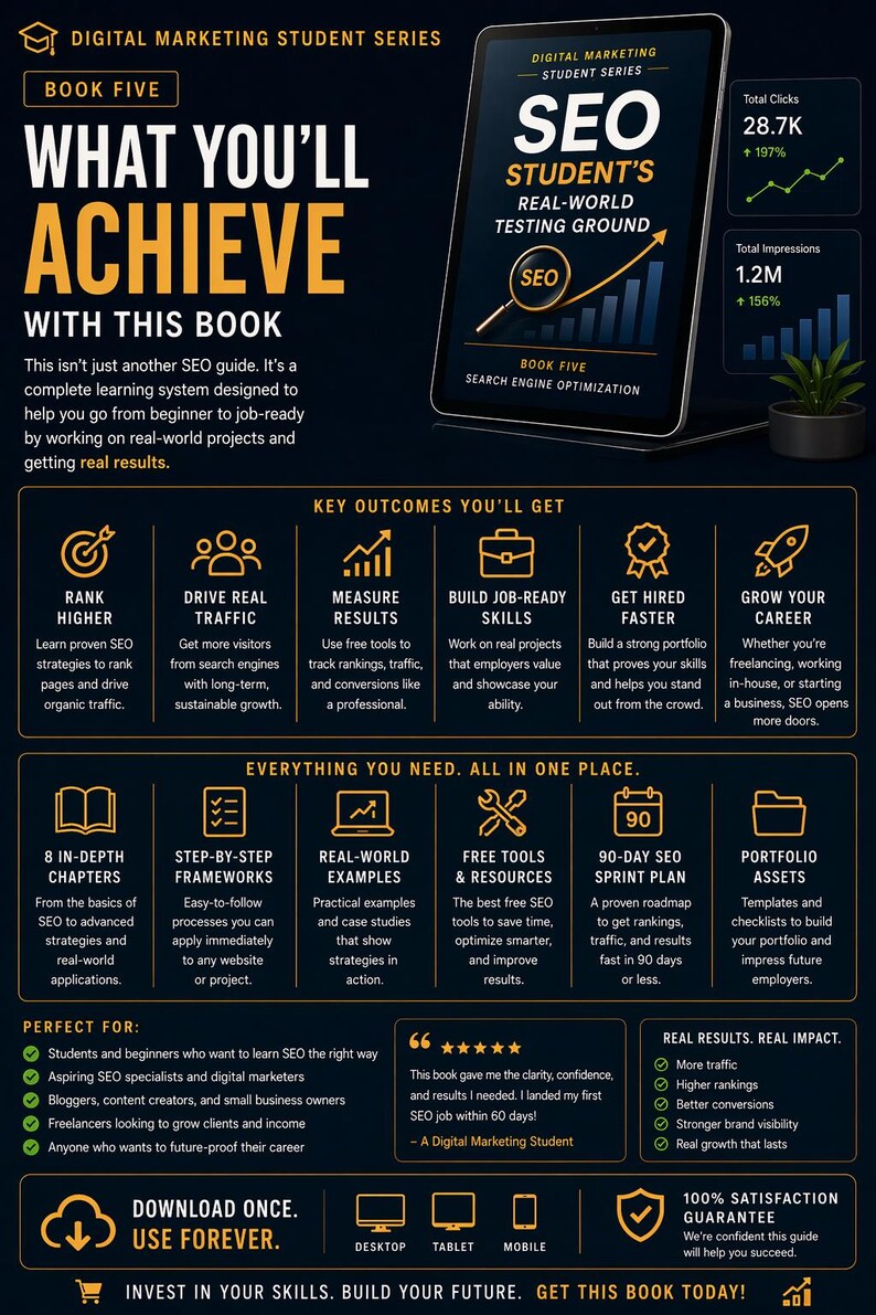 May include: A digital marketing book cover with the title "What You'll Achieve With This Book." The cover features a tablet displaying "SEO Student's Real-World Testing Ground." The book promises to help users rank higher and drive traffic.