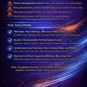 May include: An ebook cover with the title "WHAT THIS EBOOK SOLVES" in white text. The background is a gradient of blues and purples with white lines. The text describes problems with time management and offers solutions to manage energy.