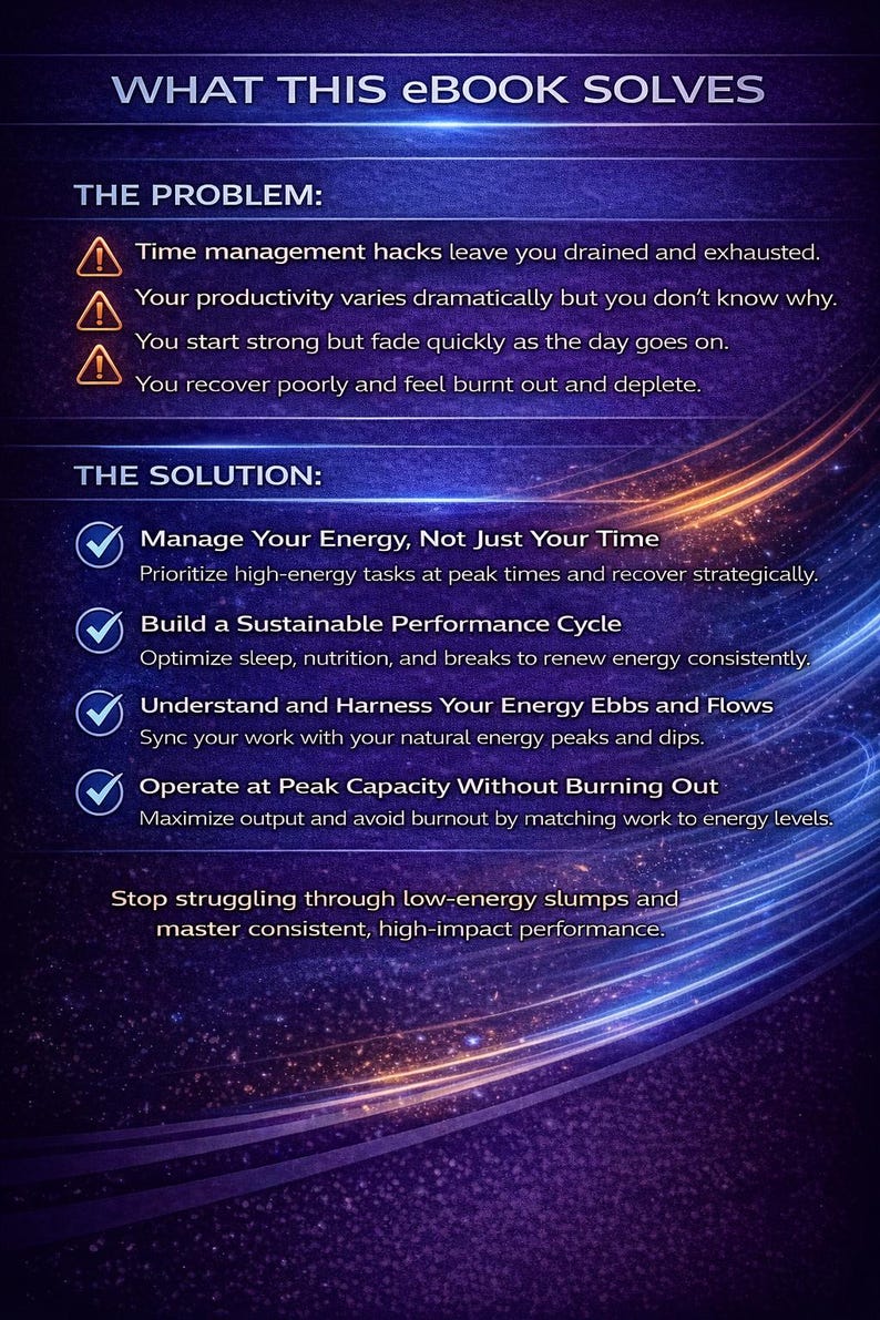 May include: An ebook cover with the title "WHAT THIS EBOOK SOLVES" in white text. The background is a gradient of blues and purples with white lines. The text describes problems with time management and offers solutions to manage energy.
