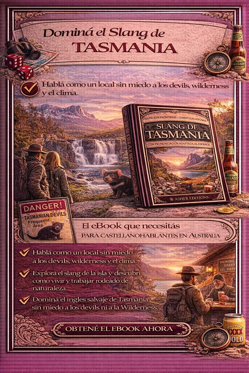 May include: An advertisement for an ebook titled "Slang de Tasmania" with a landscape illustration. The image includes a sign warning of Tasmanian devils, a compass, dice, and bottles of beer.