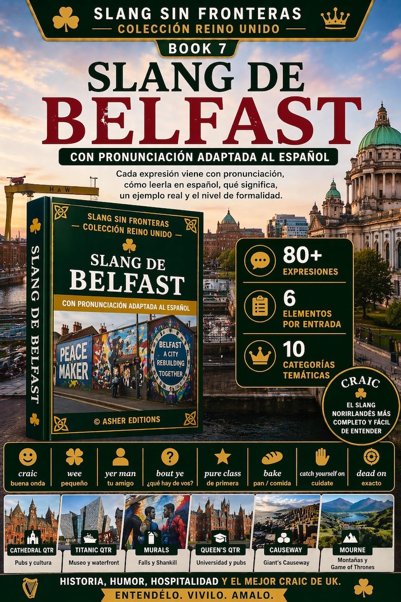 May include: A book titled "Slang de Belfast" with the text "Slang Sin Fronteras" and "Colecci&oacute;n Reino Unido." The cover features a mural and text in Spanish. Includes 80+ expressions, 6 elements per entry, and 10 thematic categories.