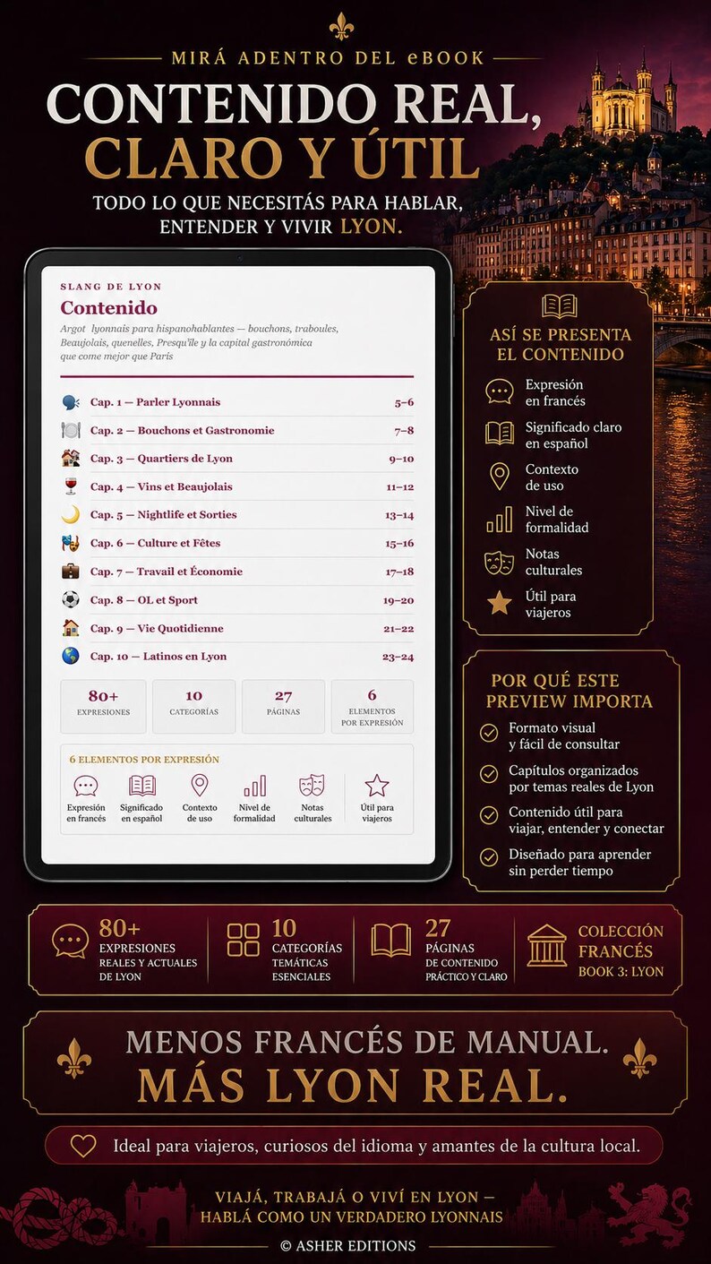 May include: An ebook cover with the title "CONTENIDO REAL, CLARO Y &Uacute;TIL" in gold lettering. It features a list of chapters about Lyon, France, and icons representing content like expressions, context, and cultural notes. The ebook is designed for travelers.