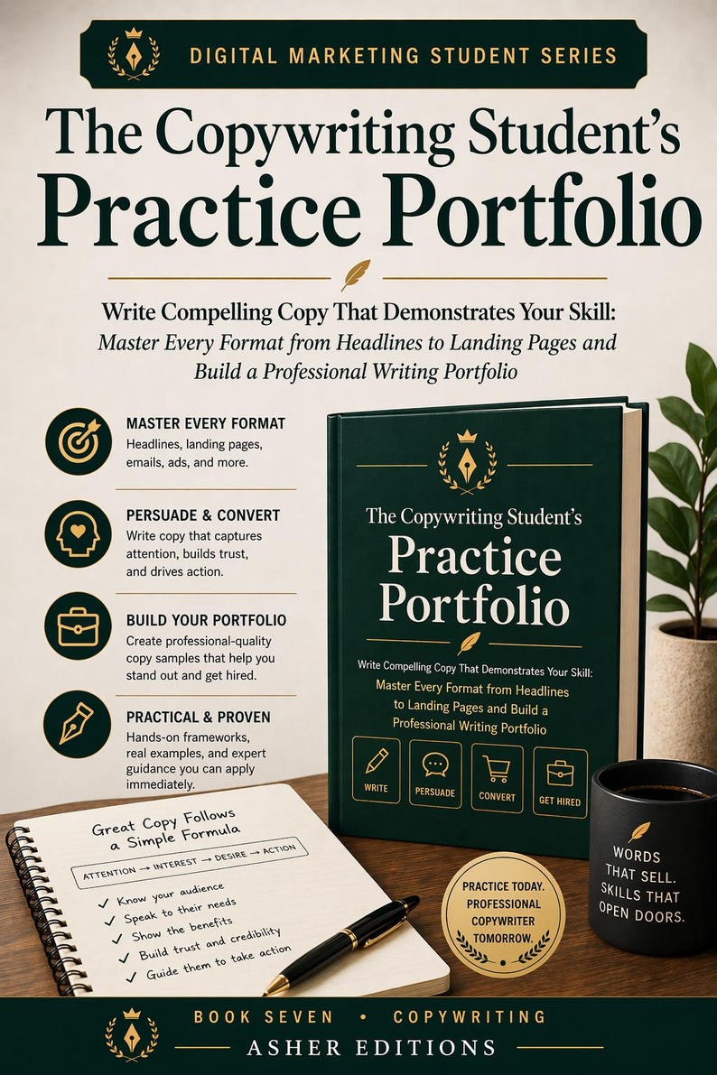 May include: An image of a dark green book, "The Copywriting Student's Practice Portfolio", with gold text, a notepad, pen, and a coffee mug. The book teaches how to write compelling copy and build a professional writing portfolio.