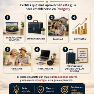 May include: A promotional graphic with text in Spanish, advertising a guide for establishing oneself in Paraguay. The image features icons representing remote workers, entrepreneurs, families, retirees, freelancers, and those starting over. The guide promises clarity, fewer errors, and better decisions.