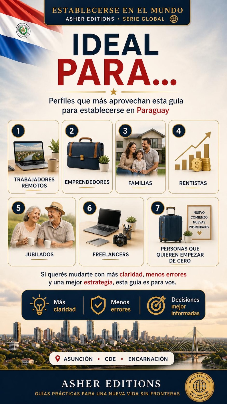 May include: A promotional graphic with text in Spanish, advertising a guide for establishing oneself in Paraguay. The image features icons representing remote workers, entrepreneurs, families, retirees, freelancers, and those starting over. The guide promises clarity, fewer errors, and better decisions.