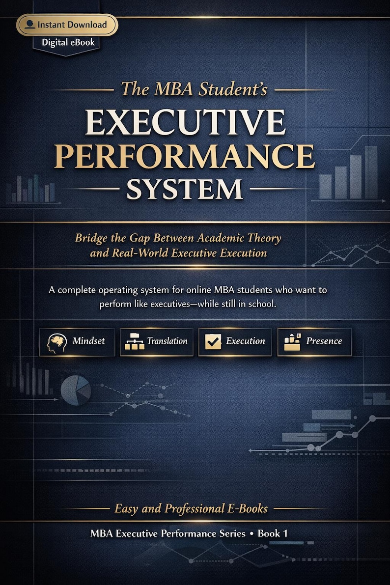 Puede incluir: Portada de libro electr&oacute;nico digital titulado "The MBA Student's Executive Performance System". La cubierta azul oscuro presenta texto y gr&aacute;ficos dorados, incluyendo las frases "Bridge the Gap Between Academic Theory and Real-World Executive Execution" y "Easy and Professional E-Books."