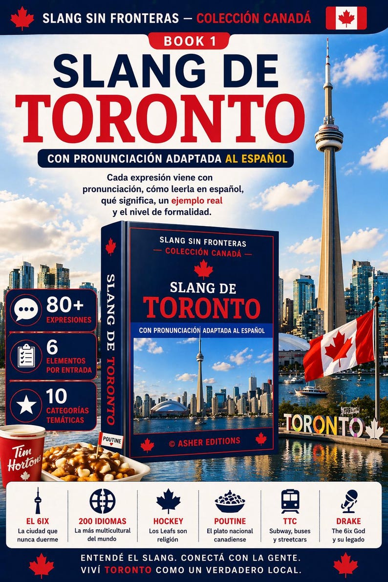 K&ouml;nnte beinhalten: Ein Buch mit dem Titel "Slang de Toronto" mit dem CN Tower im Hintergrund. Das Cover zeigt den Text "Slang de Toronto" in gro&szlig;en roten Buchstaben, mit den Worten "Con Pronunciaci&oacute;n Adaptada al Espa&ntilde;ol" darunter. Das Bild enth&auml;lt auch die kanadische Flagge.