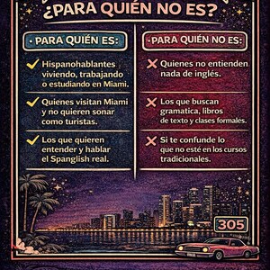 May include: A poster with text in Spanish, divided into two sections: "For Whom?" and "For Whom Not?" Lists include those who speak Spanish, visit Miami, and want to understand Spanglish. The bottom features a city skyline and a vintage car.