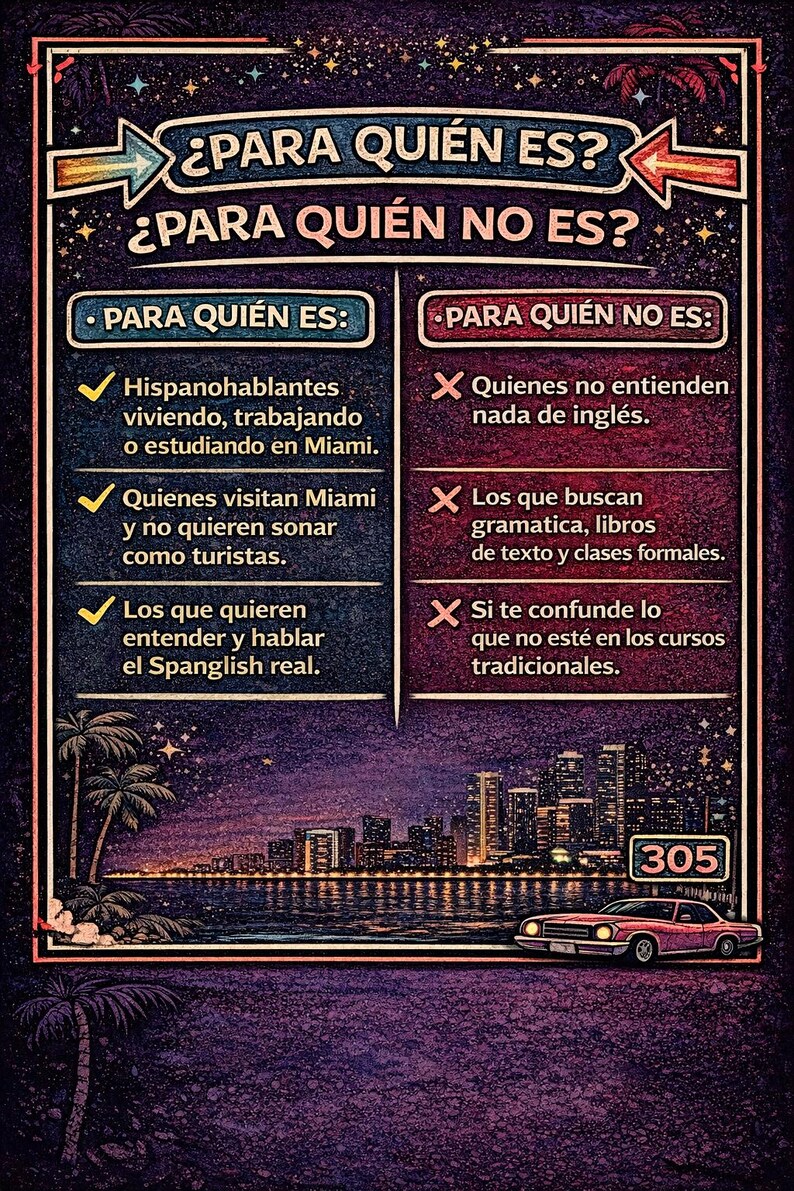 May include: A poster with text in Spanish, divided into two sections: "For Whom?" and "For Whom Not?" Lists include those who speak Spanish, visit Miami, and want to understand Spanglish. The bottom features a city skyline and a vintage car.