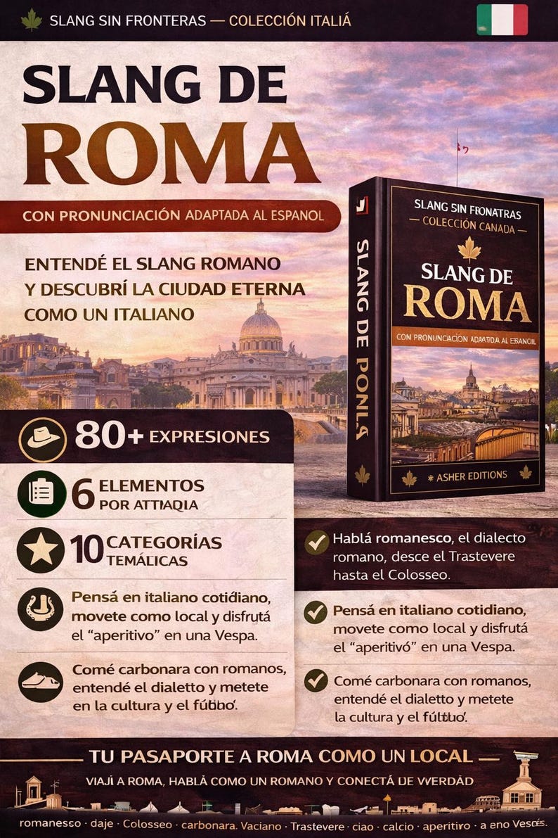 May include: A book cover titled "Slang de Roma" with text in Spanish, featuring a cityscape and the phrase "Con Pronunciaci&oacute;n Adaptada al Espa&ntilde;ol." The cover also includes the text "80+ Expresiones" and "6 Elementos por Attiaqia."