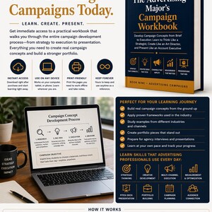 May include: An advertisement for a digital marketing student series, featuring a workbook titled "The Advertising Major's Campaign Workbook." The image includes a laptop displaying campaign development steps and icons for instant access and print-friendly formats.