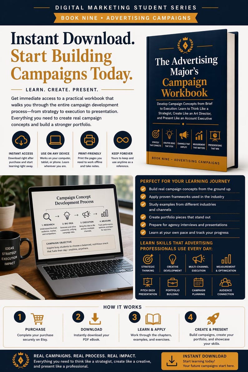 May include: An advertisement for a digital marketing student series, featuring a workbook titled "The Advertising Major's Campaign Workbook." The image includes a laptop displaying campaign development steps and icons for instant access and print-friendly formats.