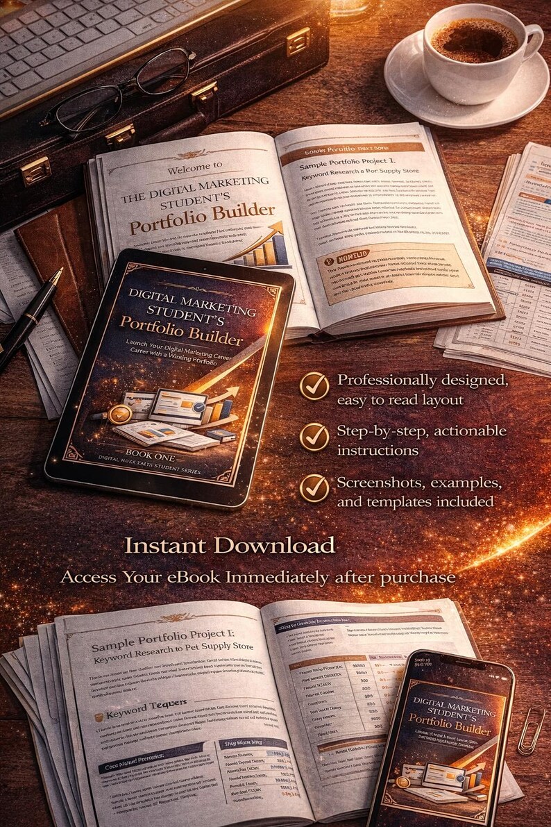 以下が含まれることがあります： 「DIGITAL MARKETING STUDENT'S Portfolio Builder」というタイトルが表示された開いた本とタブレット。 画像にはコーヒーカップ、ラップトップ、ブリーフケースが含まれています。 テキストは、専門的に設計されたレイアウト、指示、テンプレートを強調しています。
