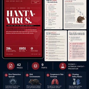 Puede incluir: Gr&aacute;fico informativo de Asher Editions sobre el hantavirus. El dossier incluye secciones sobre el contexto del brote, los s&iacute;ntomas, la prevenci&oacute;n y la respuesta pr&aacute;ctica. Incluye una tabla de contenidos, un protocolo de limpieza de los CDC y una lista de verificaci&oacute;n de preparaci&oacute;n.